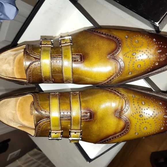 Men's Brown Leather Double Monk Strap Shoes - Picture 1 of 6